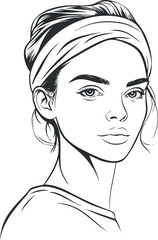 Black and white sketch of a young woman with a headband looking confidently with an elegant expression