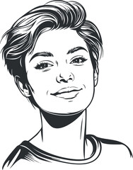 Black and white stylized illustration of a confident young woman with short hair smiling