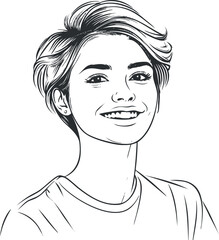 Black and white line art illustration of a smiling young woman with short hair in casual clothing.