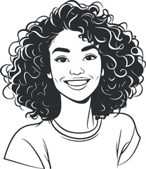 Black and white illustration of a smiling young woman with curly hair wearing a casual t-shirt