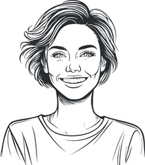 Illustration of a young woman with short hair smiling happily in a casual outfit