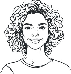 Black and white line art illustration of a smiling woman with curly hair in a casual style