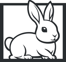 Black and white simple illustration of a rabbit sitting with long ears and a small tail