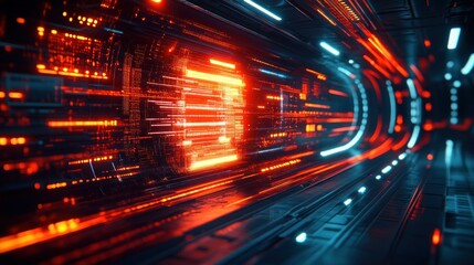 Futuristic tunnel with glowing data streams