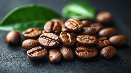 Naklejka premium Roasted coffee beans on dark surface with green leaves