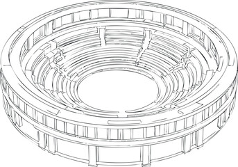 Isometric line drawing of a large circular stadium with tiered seating and open central area for sports or events