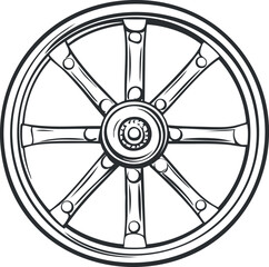 Black and white line art illustration of a vintage wagon wheel with spokes and circular rim. © vadymstock