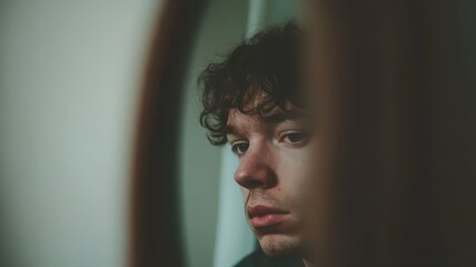 Young Man Contemplating in Mirror Reflection Minimalist Bokeh Portrait