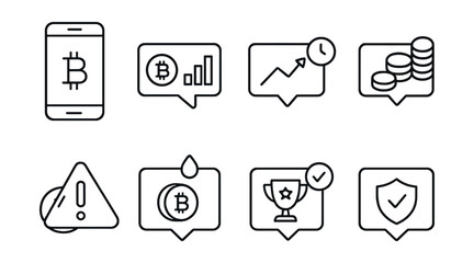 Line style icons of crypto investments: mobile investment app, push notifications for portfolio, real-time price alert icon, balance update ping, emergency price drop alert, staking payout