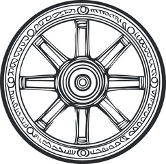 Obraz premium Black and white line art illustration of a vintage wheel with eight spokes and decorative rim details