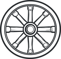 Naklejka premium Black and white line art illustration of a vintage wheel with spokes and a central hub on a white background