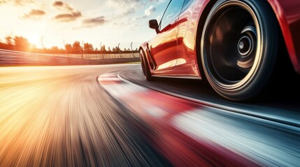 Red sports car racing at sunset speed motion blur dynamic composition