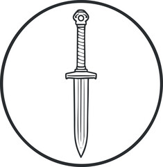 Black and white line art illustration of a medieval sword with a detailed handle inside a circle frame