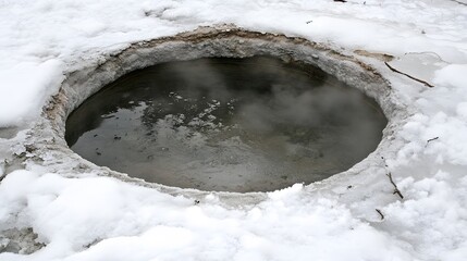 Steaming Hot Spring in Winter Snow Landscape