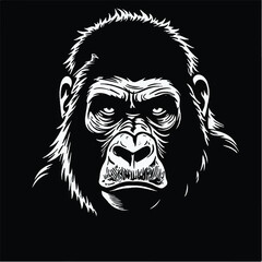 Gorilla head black silhouette on black background. Gorilla Face Icon. Minimal Gorilla Head Symbol. Vector illustration. 