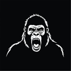 Gorilla head black silhouette on black background. Gorilla Face Icon. Minimal Gorilla Head Symbol. Vector illustration. 