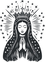 Black and white illustration of praying Virgin Mary wearing a crown surrounded by stars and rays