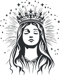 Black and white illustration of a serene woman wearing a crown surrounded by stars and radiant light