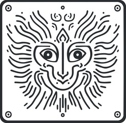 Abstract black and white line art illustration of a lion face with a stylized mane and friendly expression