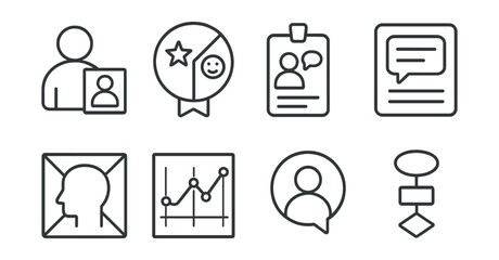 Line style icons of user and customer research: user persona icon, value map badge, interview tag, feedback card file, empathy board, journey map chart, early adopter bubble, use-case symbol.