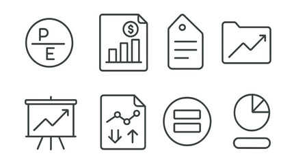 Fototapeta premium Line style icons of fundamental analysis: P/E ratio icon, earnings report badge, financial statements tag, company valuation file, revenue growth board, cash flow chart, balance sheet bubble,