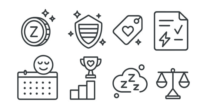 Line style icons of gamified rest + focus tools: earn rest point icon, focus level badge, break unlocked tag, task + energy file, calm streak board, self-care win chart, rest for points bubble,