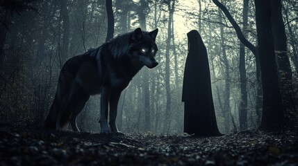 Wolf and cloaked figure in dark forest mystical night scene