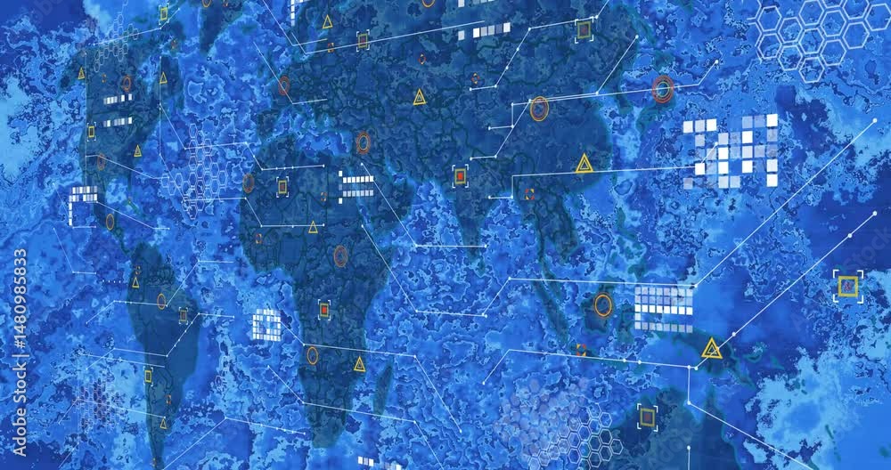 Poster digital world map shapes glowing on blue background showing hexagonal grids connecting points