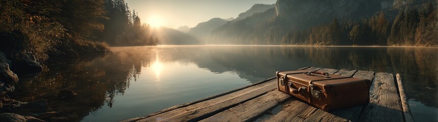 Fototapeta premium Vintage Suitcase on Wooden Dock by Misty Lake with Sunrise Glow and Mountain Reflections