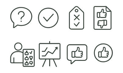 Line style icons of opinion voting: quick question icon, public poll badge, simple choice tag, feedback request file, user opinion board, vote on topic chart, immediate feedback bubble, informal vote