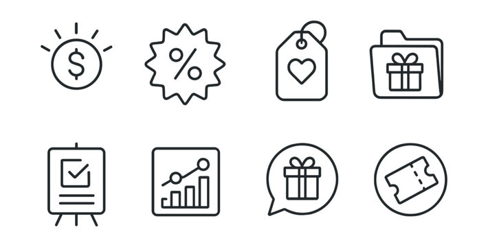 Line style icons of incentive for surveys: reward icon, discount badge, thank-you note tag, free gift file, survey incentive board, bonus points chart, participation gift bubble, prize draw symbol.