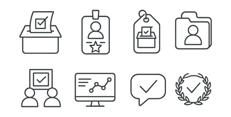 Line style icons of election transparency: open ballot icon, public access badge, transparent count tag, election observer file, trusted officials board, monitoring chart, fair process bubble, clean