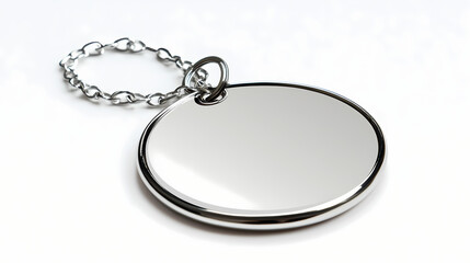 A silver metal round keychain with a blank surface and a attached chain is shown against a white background. [Steamspire Wastes] | Radiant Coil | glowing metal. Illustration