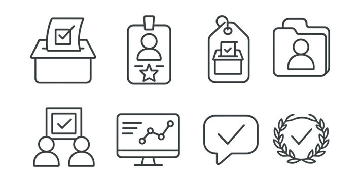 Line style icons of election transparency: open ballot icon, public access badge, transparent count tag, election observer file, trusted officials board, monitoring chart, fair process bubble, clean