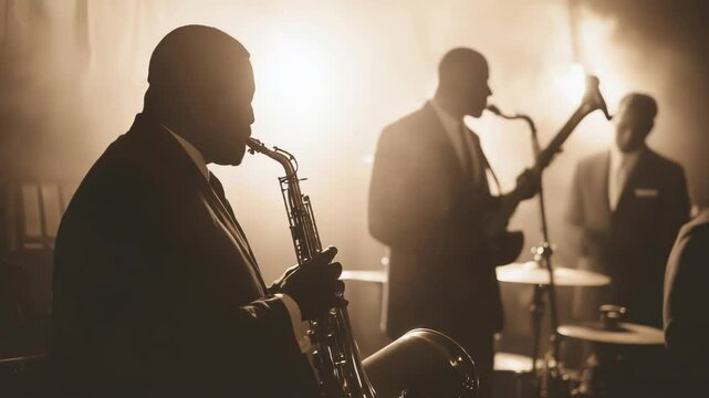 A soulful jazz performance captures musicians in silhouette, immersed in the enchanting atmosphere of live music.