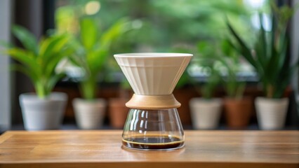 Concept of Minimalist Coffee Shop with Open Space, Coffee brewing equipment with a natural backdrop of green plants.