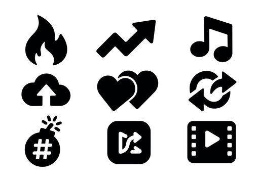 Solid style icons of social media trends: viral flame, trending arrow, share cloud, duet icon, remix tool, hashtag bomb, hype icon, short video badge.
