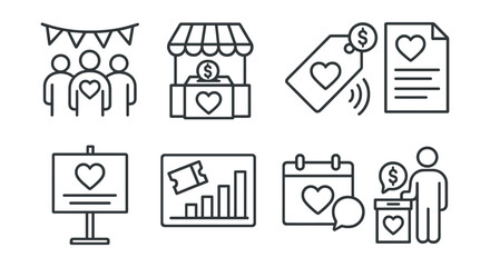 Line style icons of event-based charity sales: charity event icon, fundraising booth badge, live donation event tag, donation collection file, event promo board, ticket sale chart, event calendar