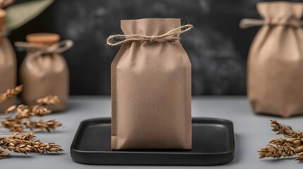Brown Kraft Paper Sachet on Black Tray with Dried Flowers