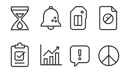 Line style icons of focused use design: attention filter icon, batch notification badge, pause toggle tag, screen-free hours file, check-once board, daily digest chart, alert preview bubble, digital
