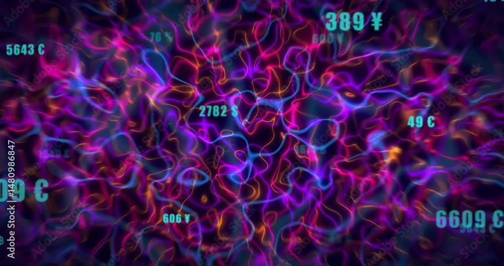 Poster flat design scene showing neon lines swirling on dark screen, floating numeric currency values