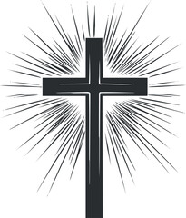 Black silhouette of a Christian cross with radiant light rays symbolizing faith and spirituality