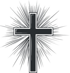 Black Christian cross illustration with radiant light rays shining behind, symbolizing faith and spirituality