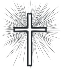 Black and white illustration of a Christian cross with radiant light rays shining outward symbolizing faith and spirituality