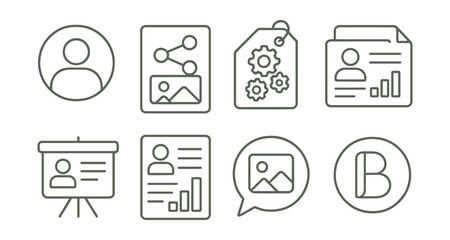 Line style icons of digital presence and self-promotion: professional profile icon, portfolio share badge, skill showcase tag, online presence file, LinkedIn update board, public CV chart, showcase