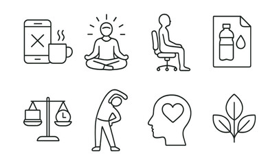 Line style icons of digital well-being for remote work: tech-free break icon, mindful pause badge, ergonomic posture tag, hydration reminder file, screen-time balance board, stretching chart, mental