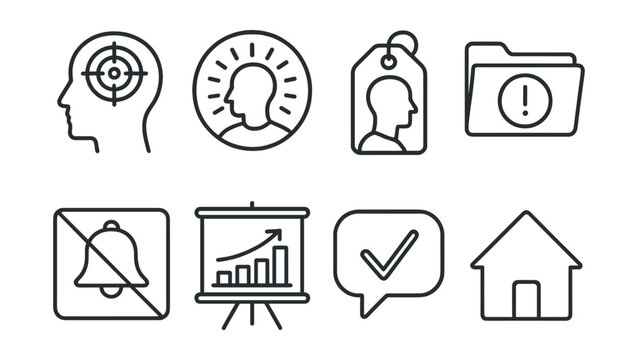 Line style icons of focused work periods: focus session icon, concentration badge, deep work tag, task immersion file, no interruption board, intense focus chart, high productivity bubble, quiet