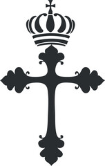 Black ornate Christian cross with a crown on top symbolizing faith, religion, and authority.