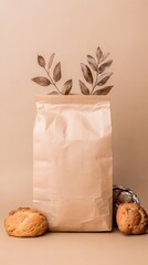 Brown Paper Bag Mockup with Baked Goods and Dried Leaves