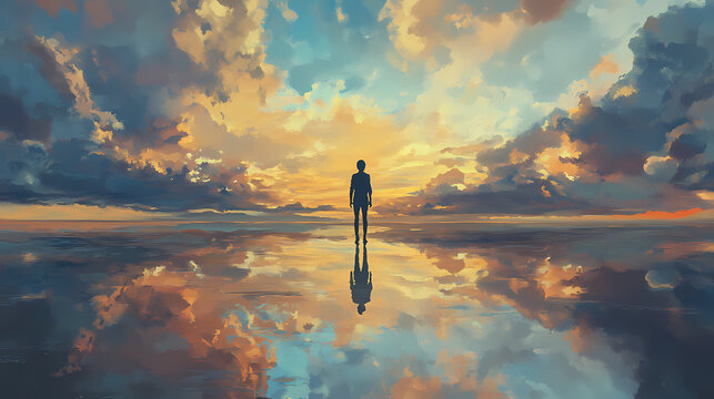 A shimmering expanse reflecting a painted sky meets the digital frontier connecting distant realms. [Mirrored Realms] | Silent Echo | muted twin. Illustration